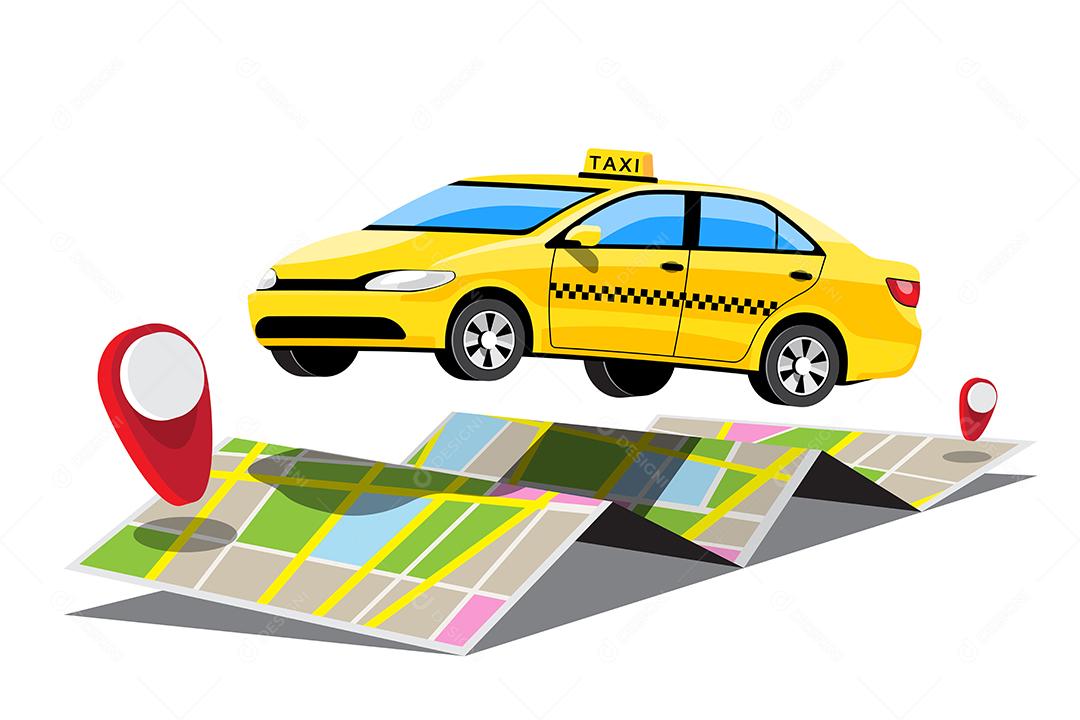 Delivery Taxi Online car sharing com personagem de desenho animado e smartphone conceito de transporte de cidade inteligente, ilustração vetorial