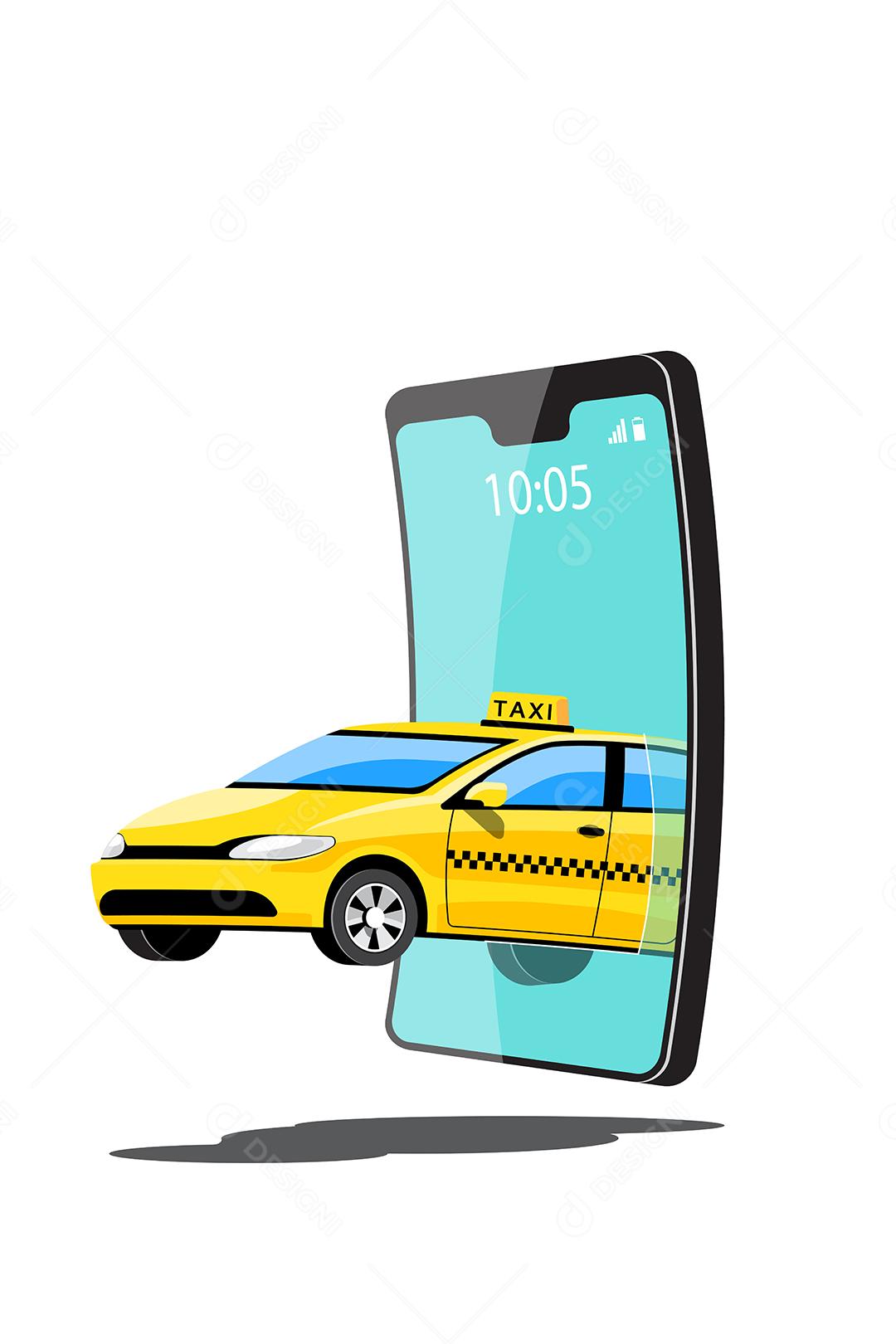 Delivery Taxi Online car sharing com personagem de desenho animado e smartphone conceito de transporte de cidade inteligente, ilustração vetorial