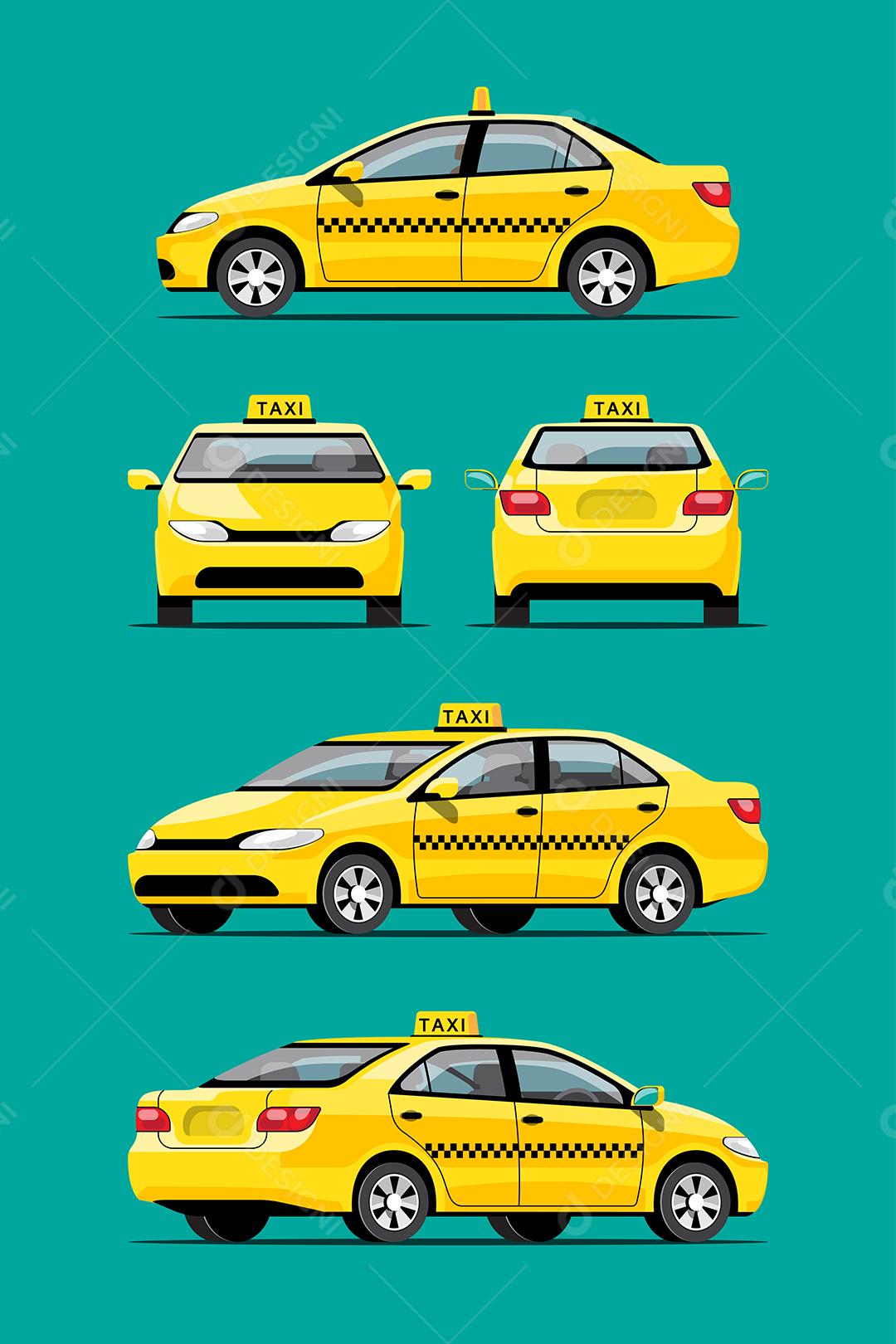 Conjunto de carro de táxi amarelo, transporte de serviço de entrega, sedan de negócios isolado. Maquete de marca de veículo. Vista lateral, frontal e traseira em fundo verde, ilustração vetorial
