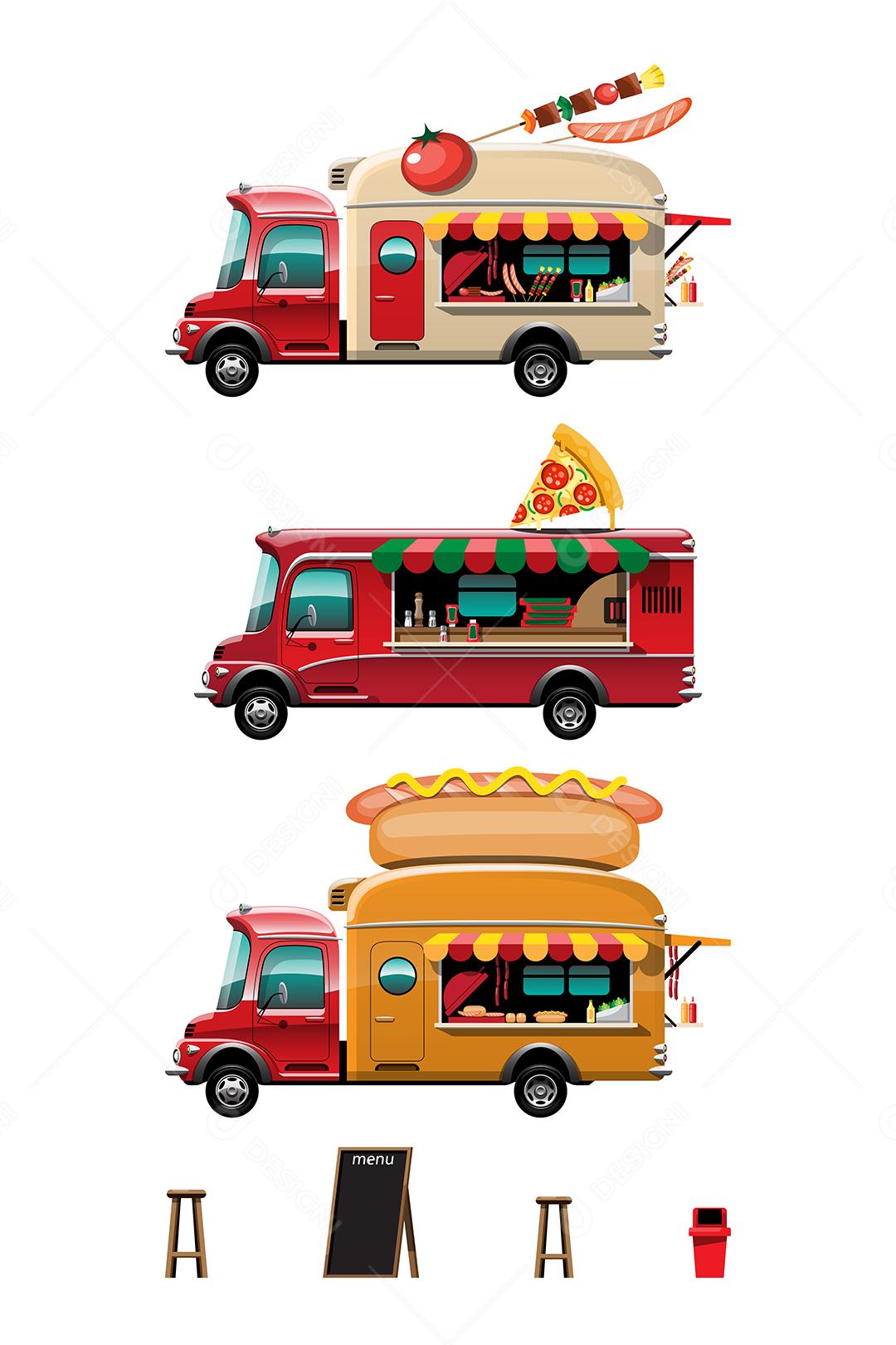 Conjunto de colorido de caminhão de comida com maquete na rua de comida de entrega móvel em fundo branco, ilustração vetorial