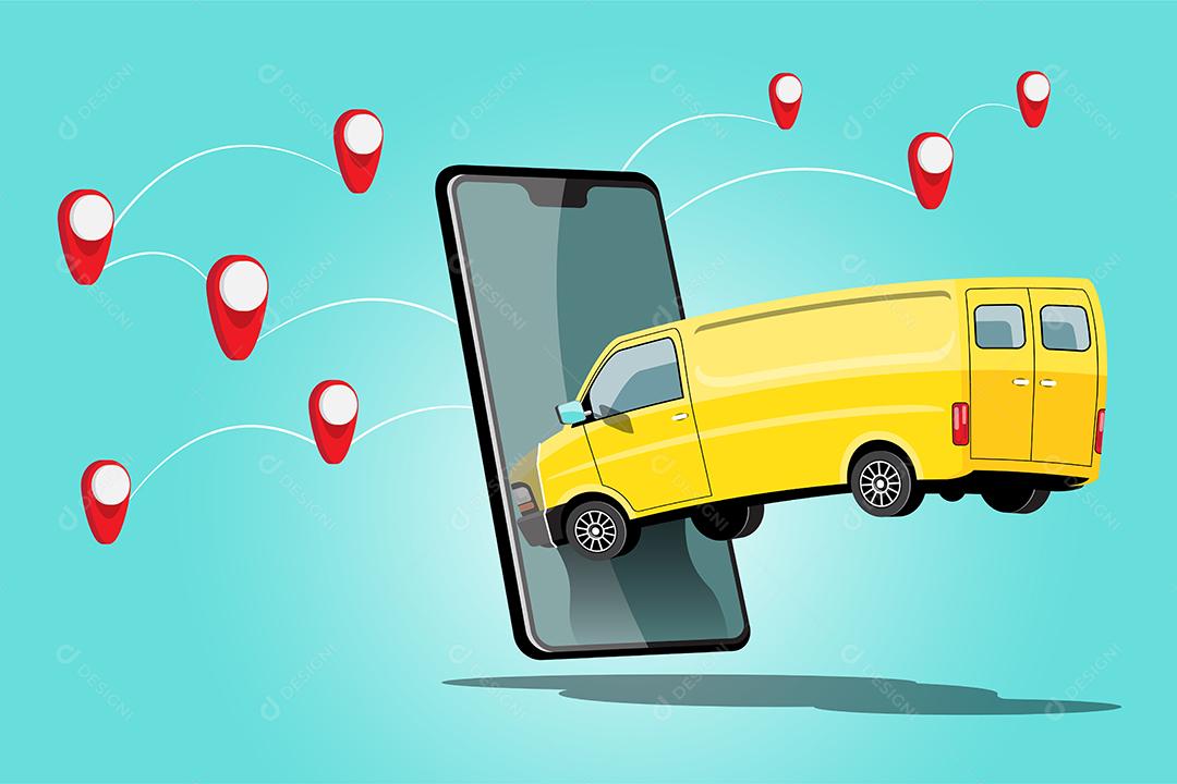 Caminhão de entrega com pedido no aplicativo para smartphone e marca de verificação no mapa para transporte, ilustração vetorial