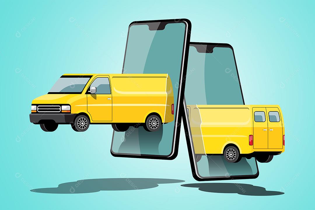 Caminhão de carro de entrega com pedido no aplicativo para smartphone, ilustração vetorial