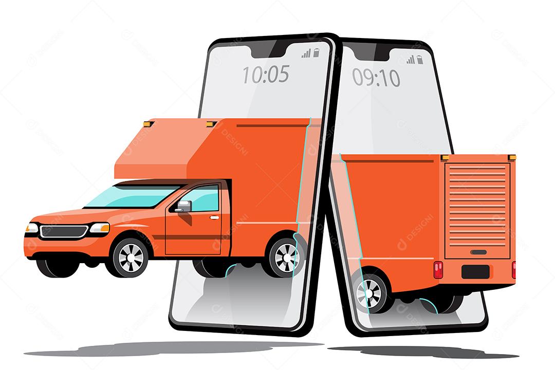 Caminhão de carro de entrega com pedido no aplicativo para smartphone, ilustração vetorial