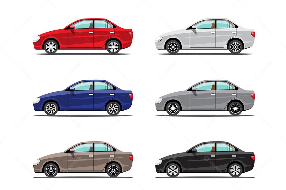 Vista lateral do conjunto de carros automáticos ou carros de passageiros filho de fundo branco, ilustração vetorial plana