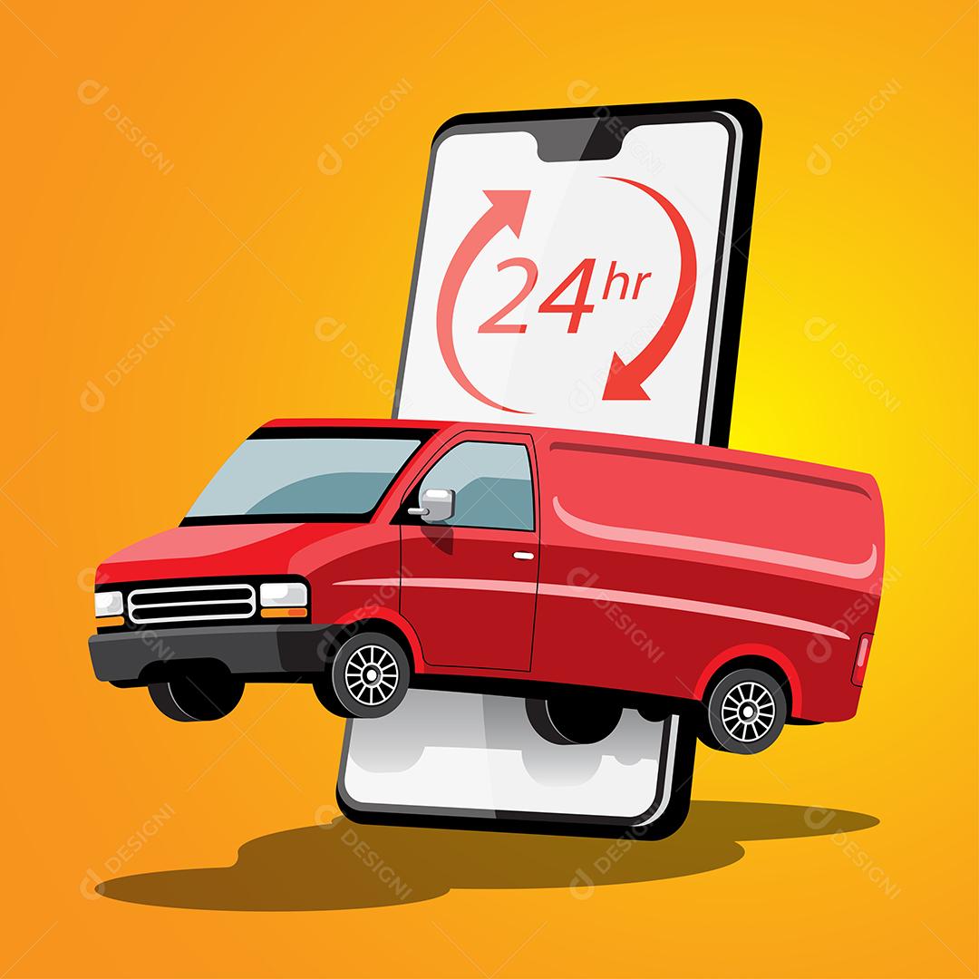 Serviço de caminhão de entrega 24 horas com pedido no aplicativo para smartphone, ilustração vetorial
