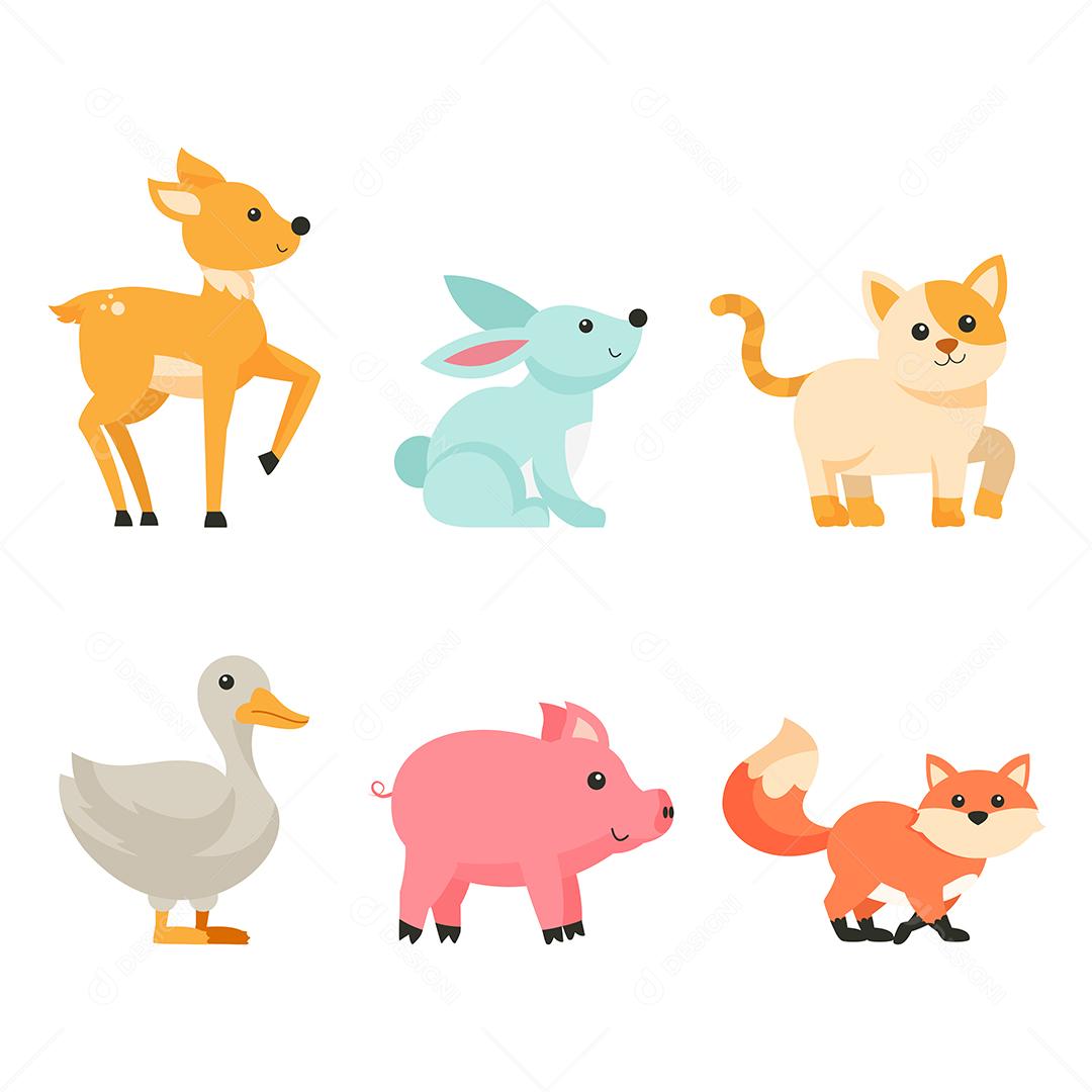 Pacote de personagens de desenhos animados de animais fofos isolados vetor plano eu