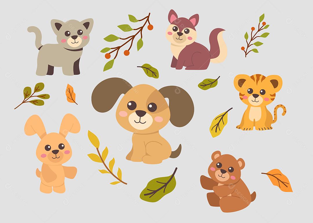 Pacote de personagens de desenhos animados de animais fofos isolados vetor plano