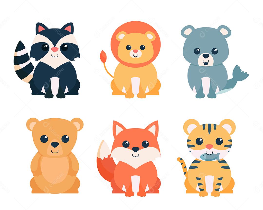 Pacote de personagens de desenhos animados de animais fofos isolados vetor plano eu