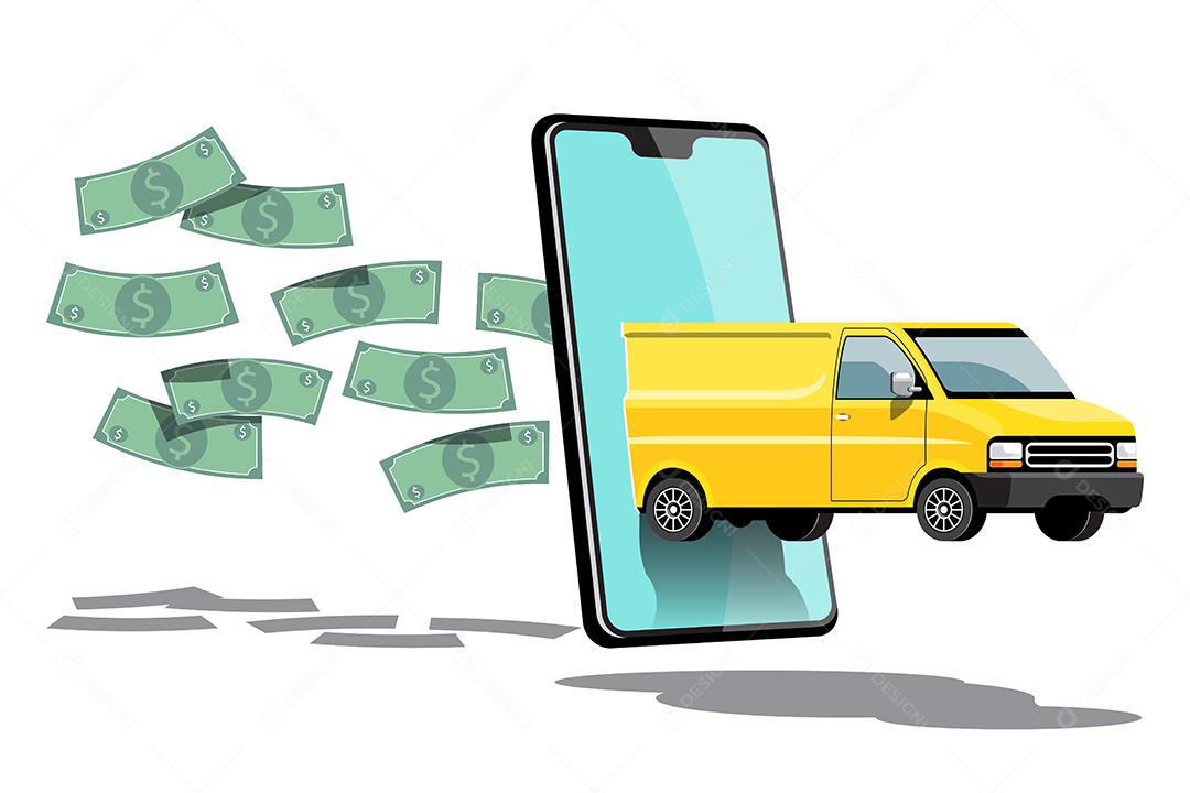 Caminhão de entrega com pedido no aplicativo para smartphone e marca de verificação no mapa para transporte, ilustração vetorial