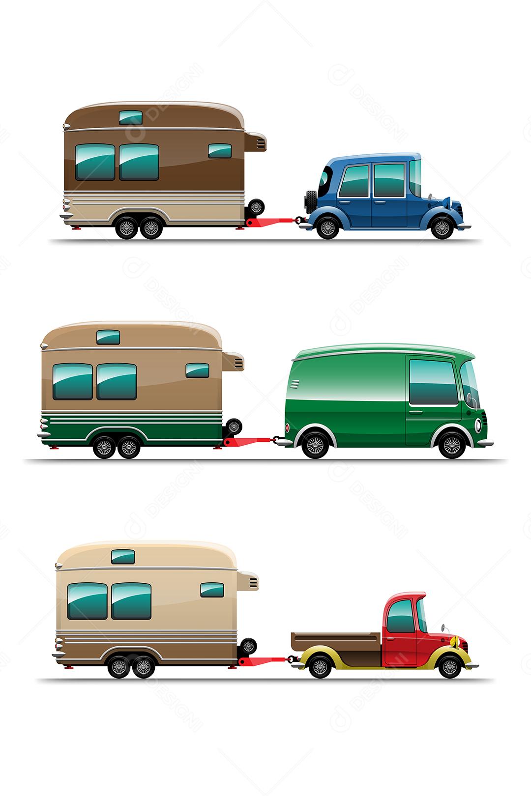 Conjunto de pacotes de reboques de acampamento, casas móveis de viagem ou ilustração vetorial de fundo branco de caravana