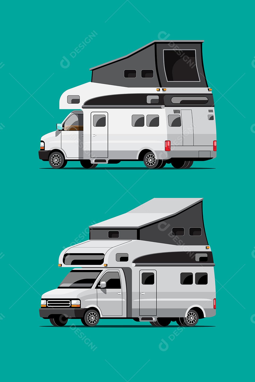 conjunto de reboques de acampamento brancos, casas móveis de viagem ou caravana em fundo verde, ilustração vetorial plana isolada