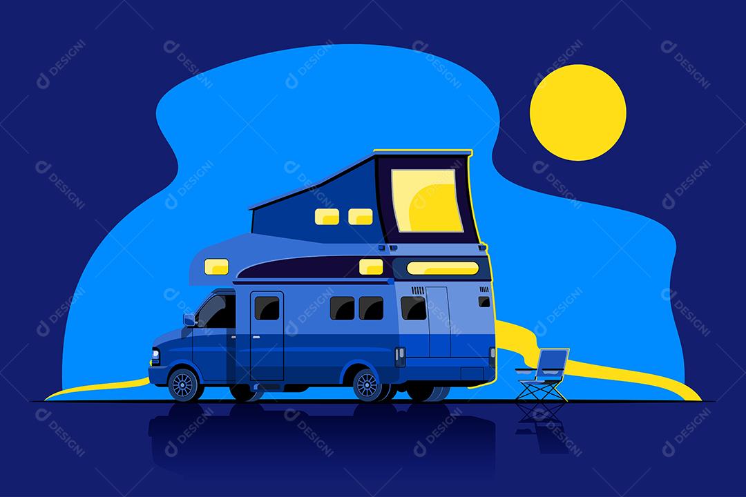 Vista lateral de reboques de acampamento, casas móveis de viagem ou caravana na cena noturna, ilustração vetorial plana