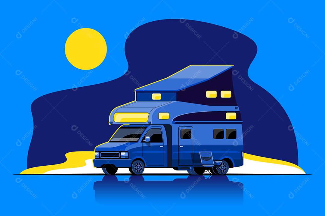 Vista lateral de reboques de acampamento, casas móveis de viagem ou caravana na cena noturna, ilustração vetorial plana