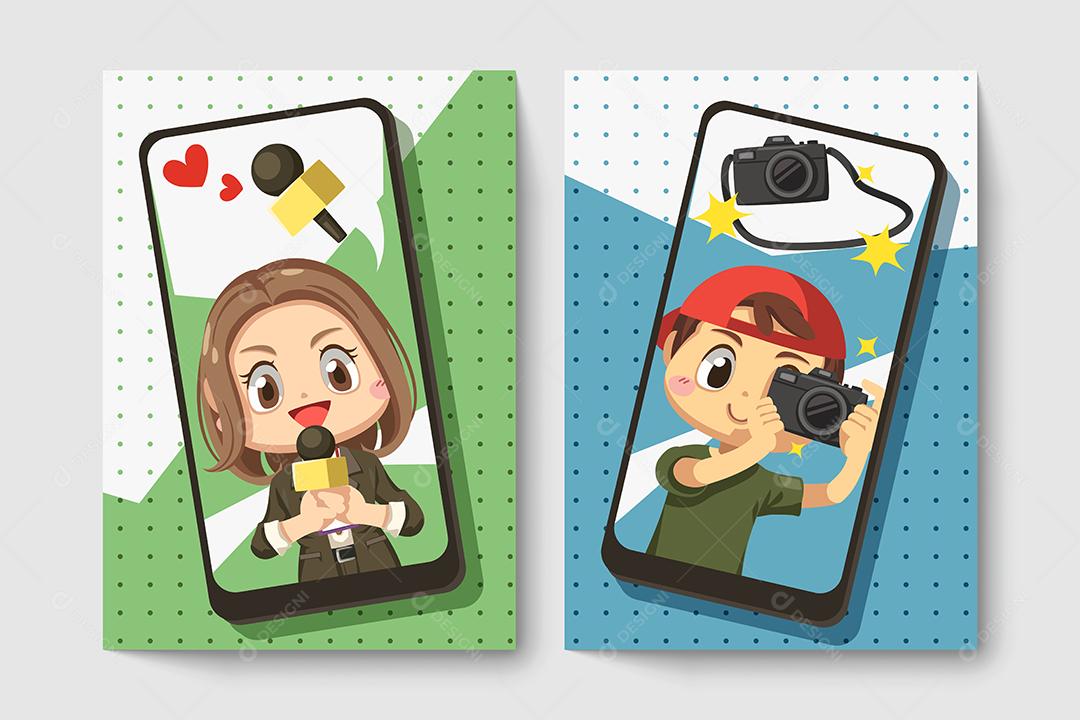 Cartão de jornalista com microfone para entrevistar e fotógrafo usar câmera tirando foto em personagem de desenho animado