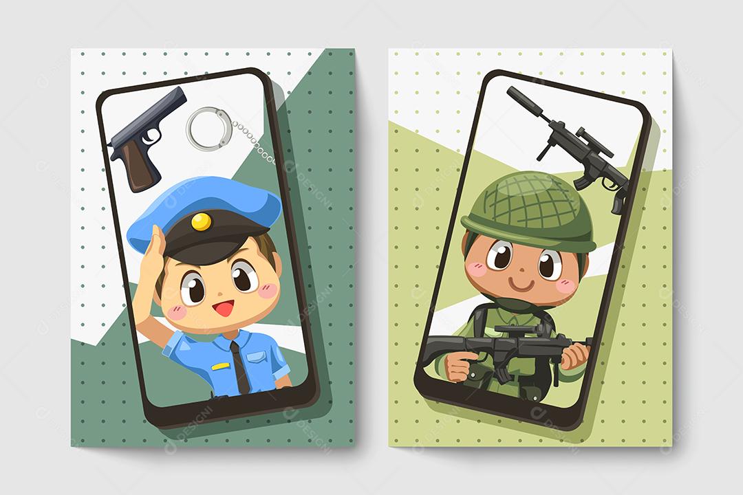 Cartão de policial com arma e algema, soldado do exército usando capacete e segurar rifle em personagem de desenho animado, ilustração vetorial plana isolada