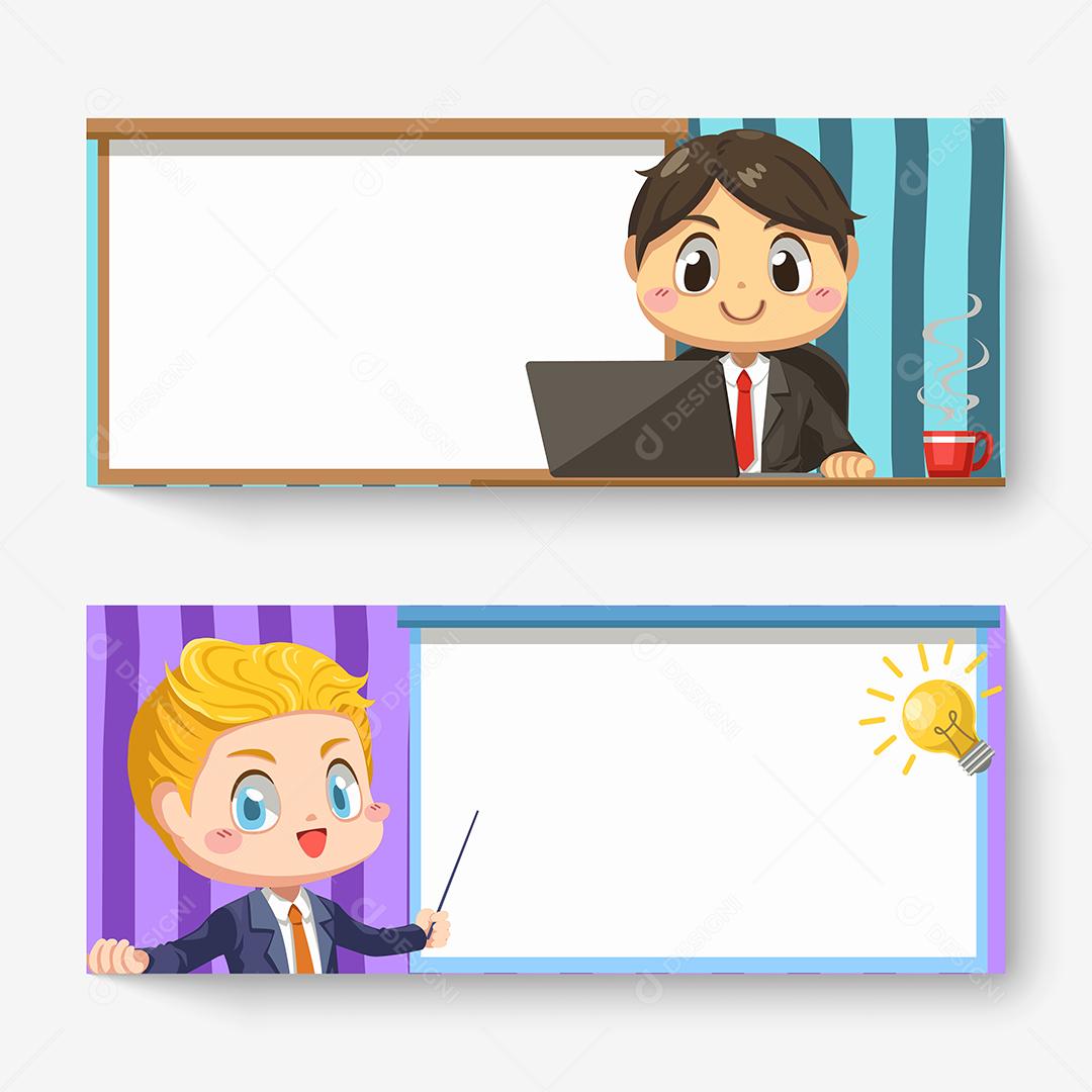 Banner horizontal do empresário usa laptop e tem uma boa ideia na sala de reuniões em personagem de desenho animado, ilustração vetorial plana isolada