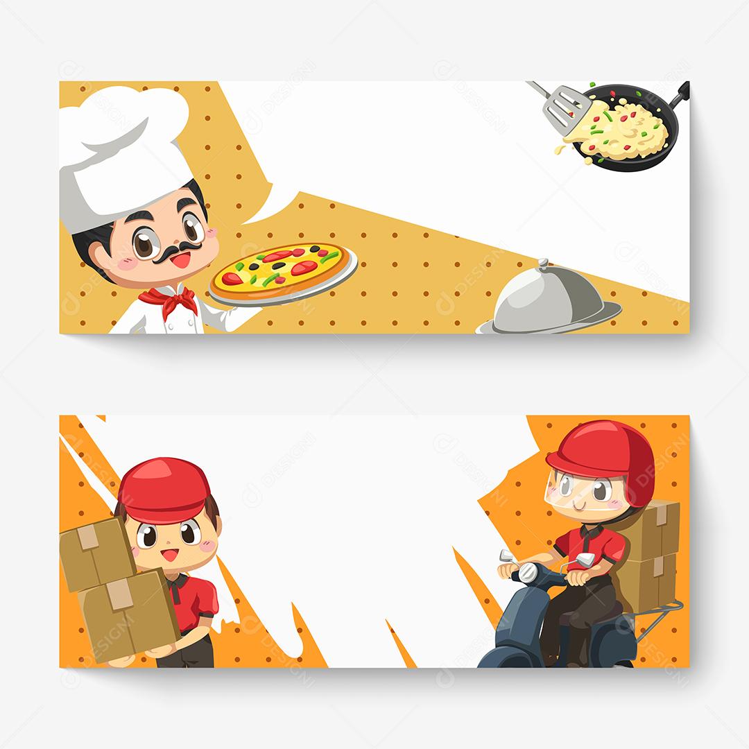 Banner horizontal do chef segurando bandeja de pizza e carteiro enviando caixa de encomendas de motocicleta em personagem de desenho animado, ilustração vetorial plana isolada