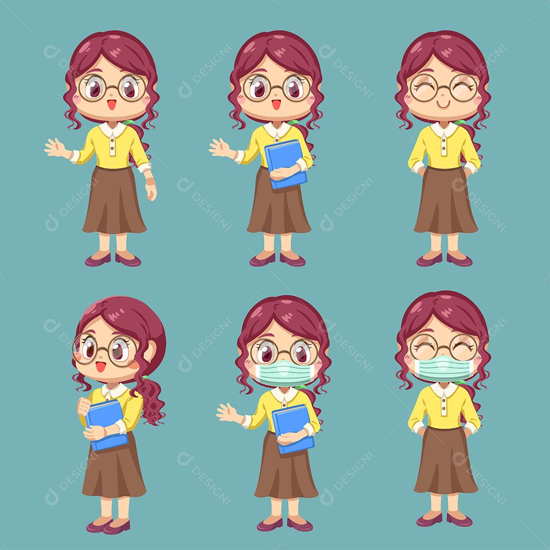 Conjunto de professora em personagem de desenho animado e ação de diferença, ilustração vetorial plana isolada