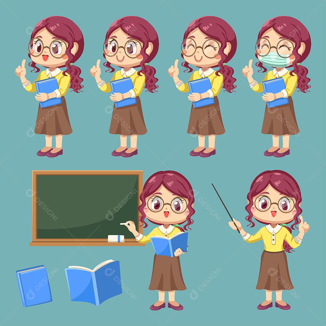 Conjunto de professora em personagem de desenho animado e ação de diferença, ilustração vetorial plana isolada