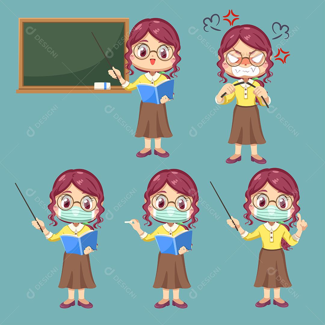 Conjunto de professora em personagem de desenho animado e ação de diferença, ilustração vetorial plana isolada