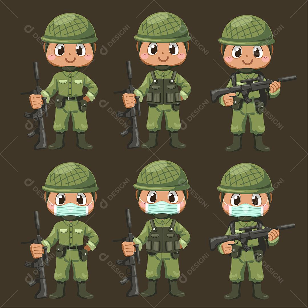 Conjunto de soldados do Exército homem de uniforme verde com ação de diferença e ficar em saudação em personagem de desenho animado, ilustração vetorial plana isolada