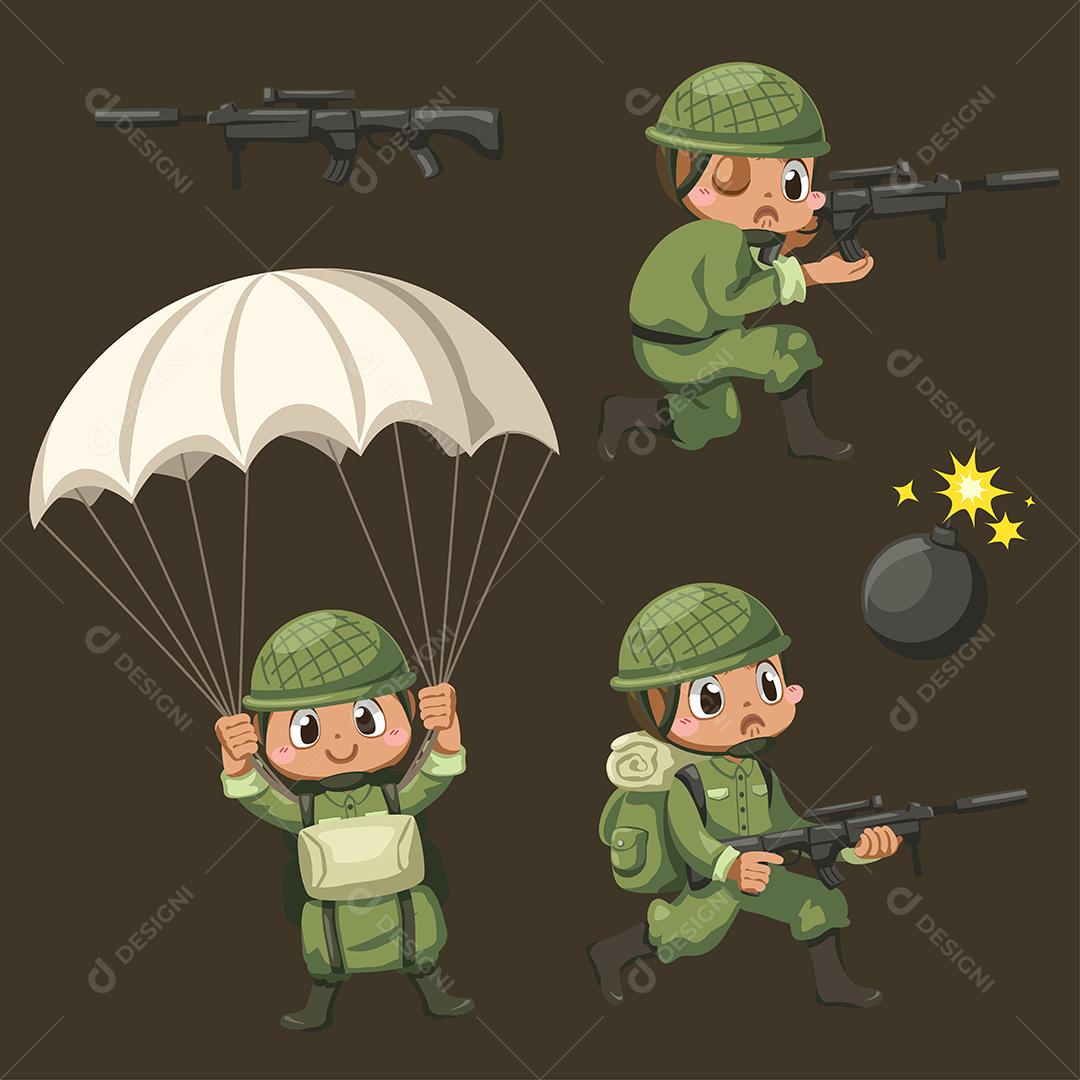 Conjunto de soldados do Exército homem de uniforme verde com ação de diferença e ficar em saudação em personagem de desenho animado, ilustração vetorial plana isolada