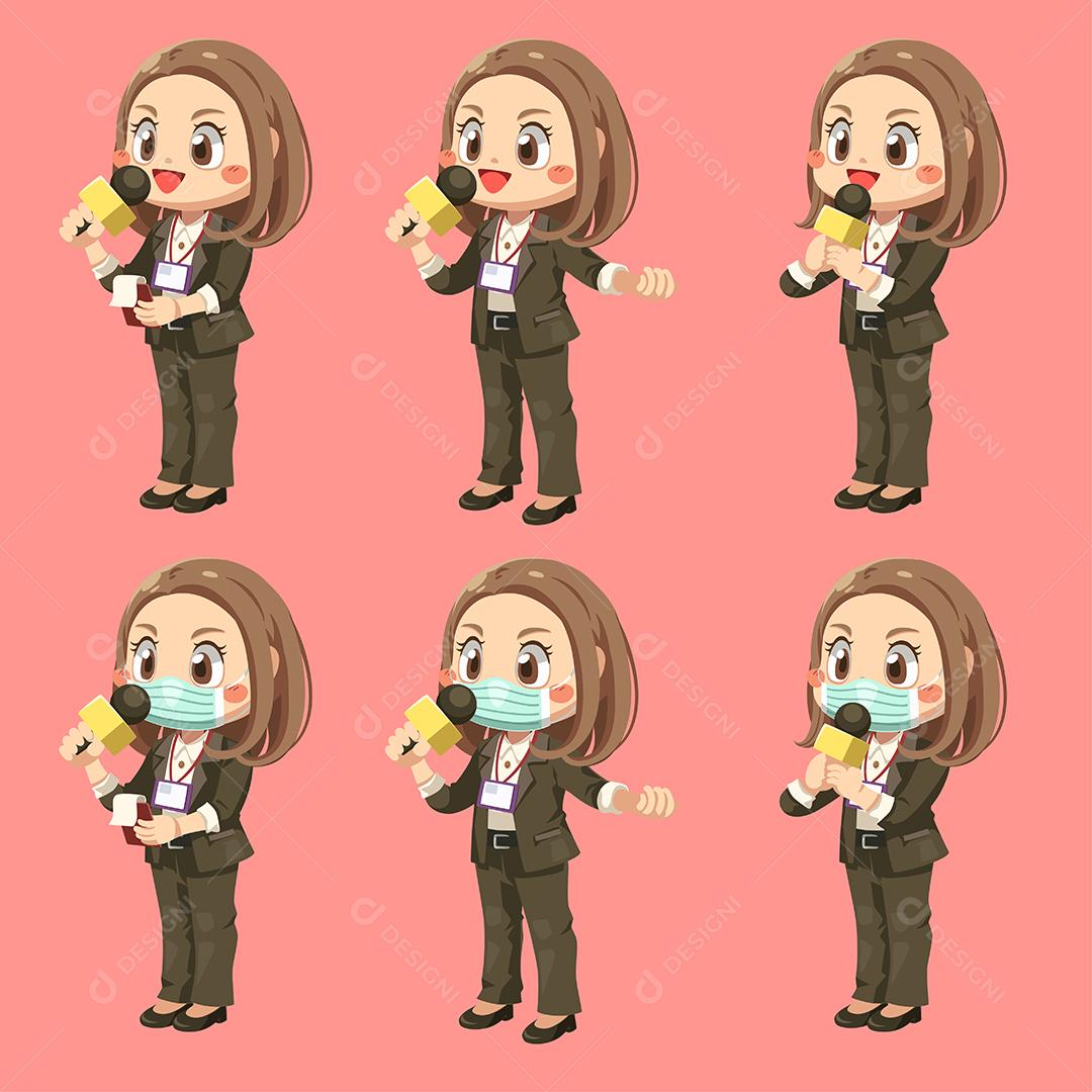 Conjunto de repórter feminina segurando um microfone para relatar as notícias em personagem de desenho animado, ilustração vetorial plana isolada