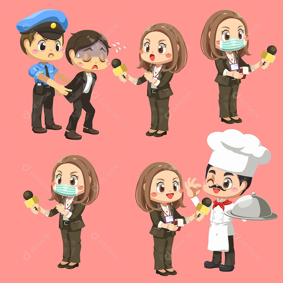 Conjunto de repórter feminina segurando um microfone para entrevistas criminosas e chef para relatar as notícias em personagem de desenho animado, ilustração vetorial plana isolada