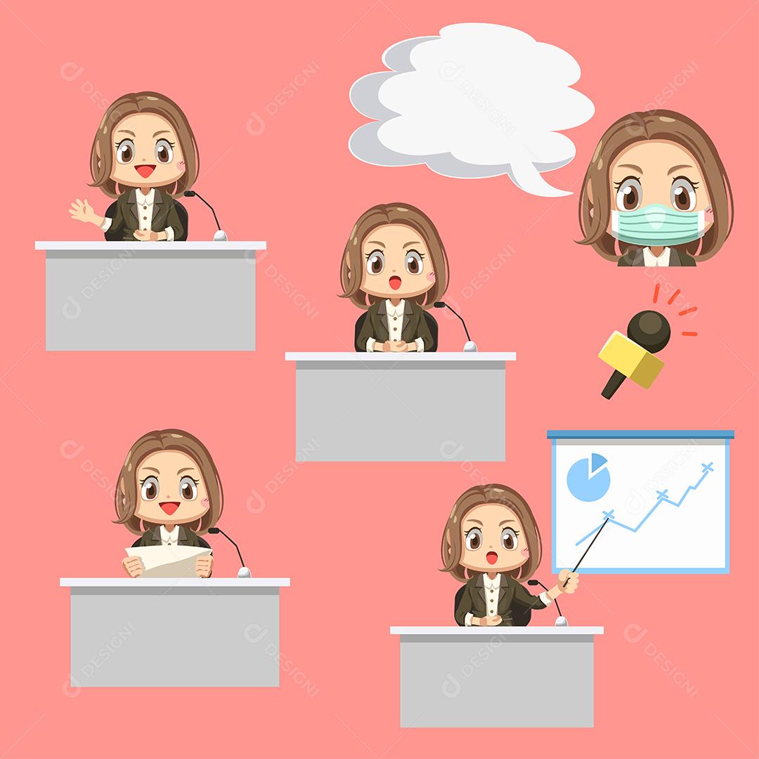 Conjunto de repórter feminina segurando um microfone para relatar as notícias em personagem de desenho animado, ilustração vetorial plana isolada