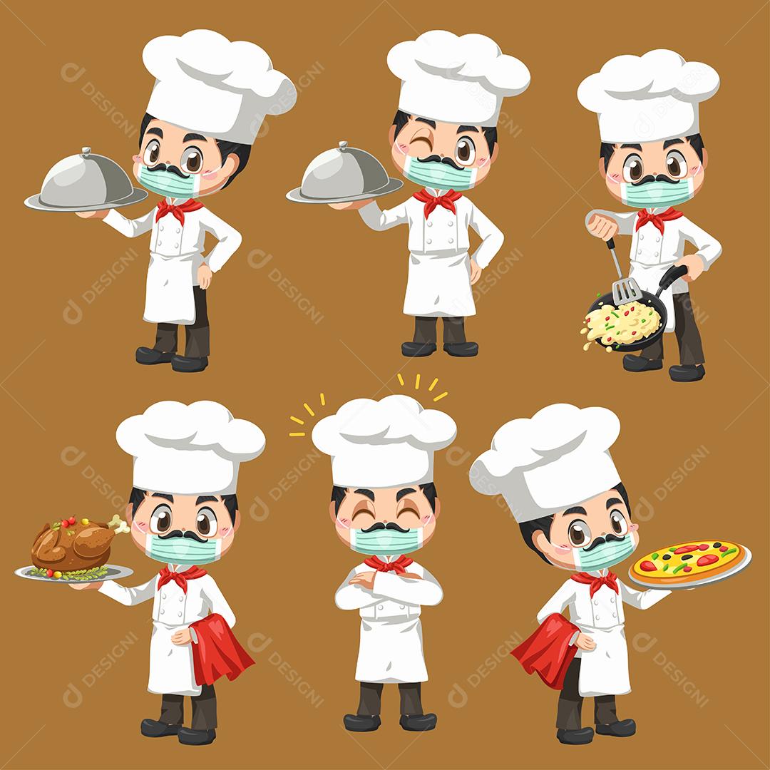 Conjunto de chef fazendo a padaria e refeição em personagem de desenho animado, mascote em design de ilustração vetorial para logotipo de negócios culinários
