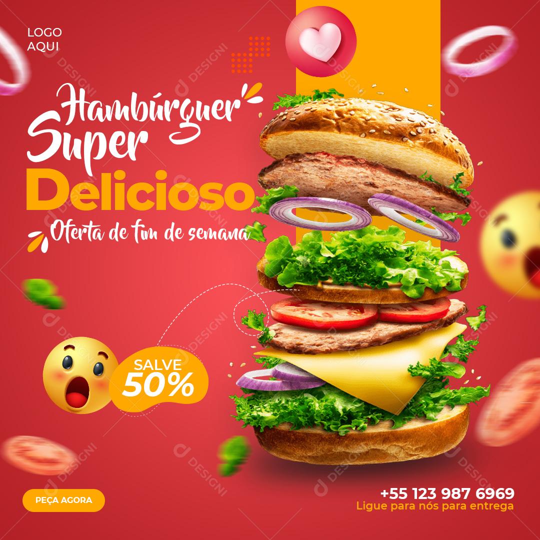 Social Media Hambúrguer Super Delicioso Oferta de fim de Semana Hamburgueria PSD Editável