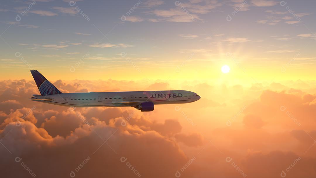 Boeing 777 United Airlines voando sobre incrível ilustração 3D do pôr do sol, 26 jul. 2022, São Paulo, Brasil.