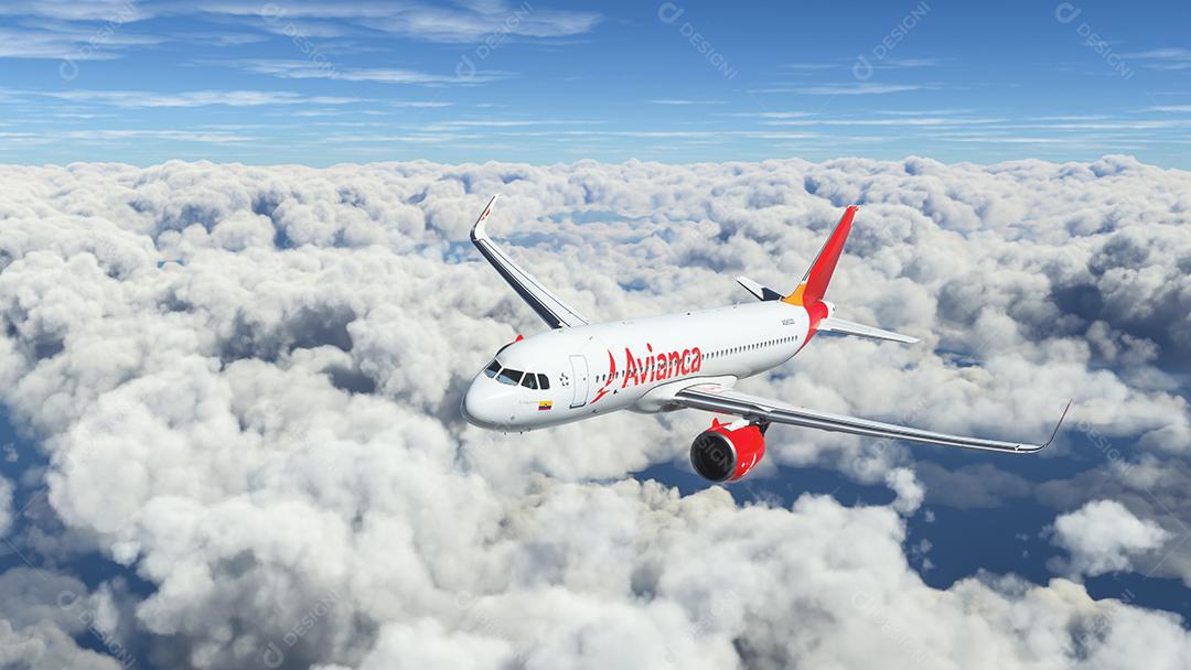 AirBus A320 Neo Avianca voando sobre as nuvens Ilustração 3D, 26 jul. 2022, São Paulo, Brasil.