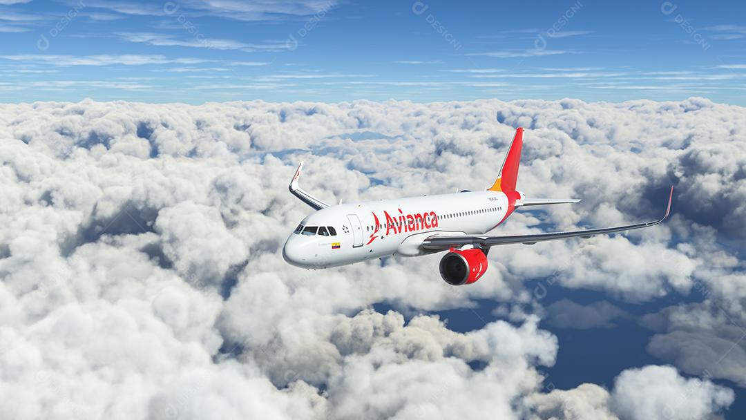 AirBus A320 Neo Avianca voando sobre as nuvens Ilustração 3D, 26 jul. 2022, São Paulo, Brasil.