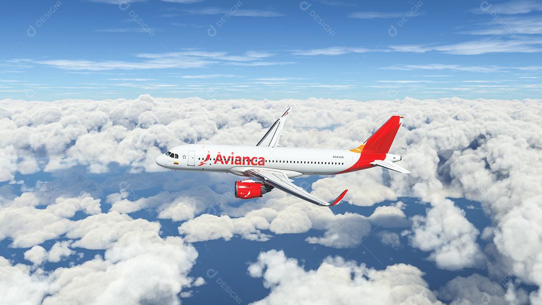 AirBus A320 Neo Avianca voando sobre as nuvens Ilustração 3D, 26 jul. 2022, São Paulo, Brasil.