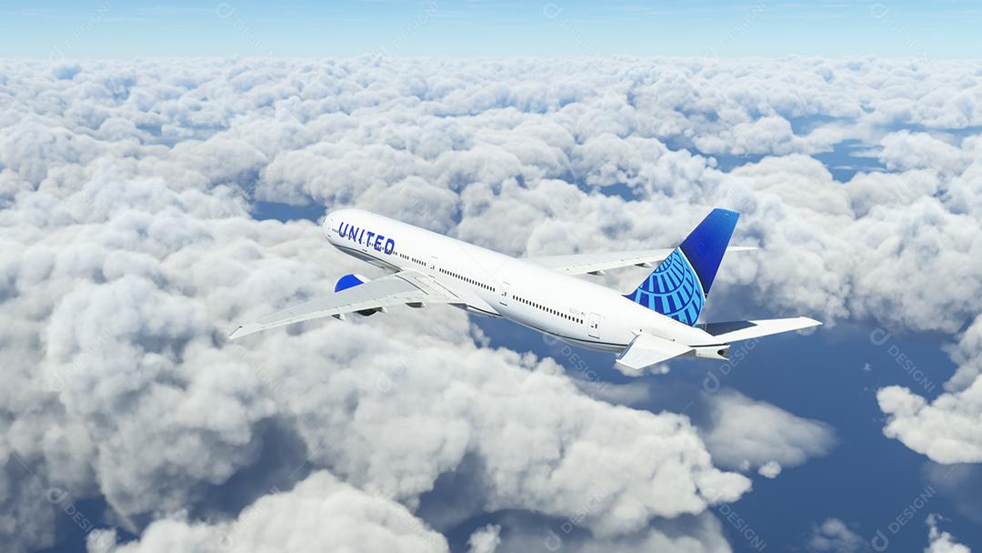 Boeing 777 United Airlines voando sobre as nuvens ilustração 3D, 26 jul. 2022, São Paulo, Brasil.