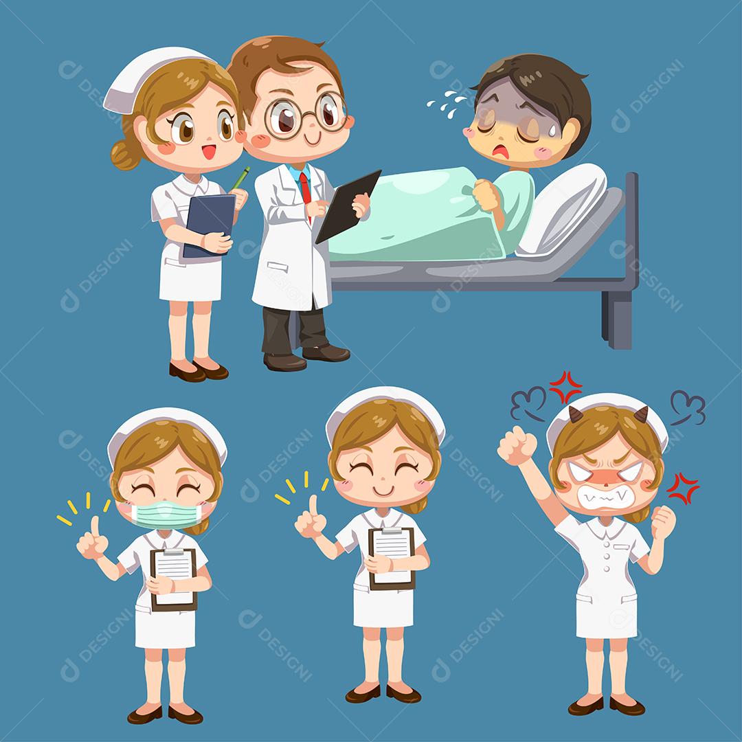 Conjunto de médico vestindo jaleco e enfermeira feminina de uniforme branco com atuação diferente e paciente deitado na cama em personagem de desenho animado, ilustração vetorial plana isolada