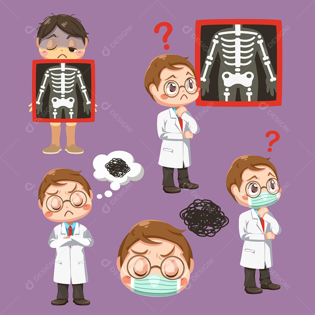 Definir a emoção do médico com estetoscópio e paciente com raio-X de filme, em personagem de desenho animado, ilustração vetorial plana isolada