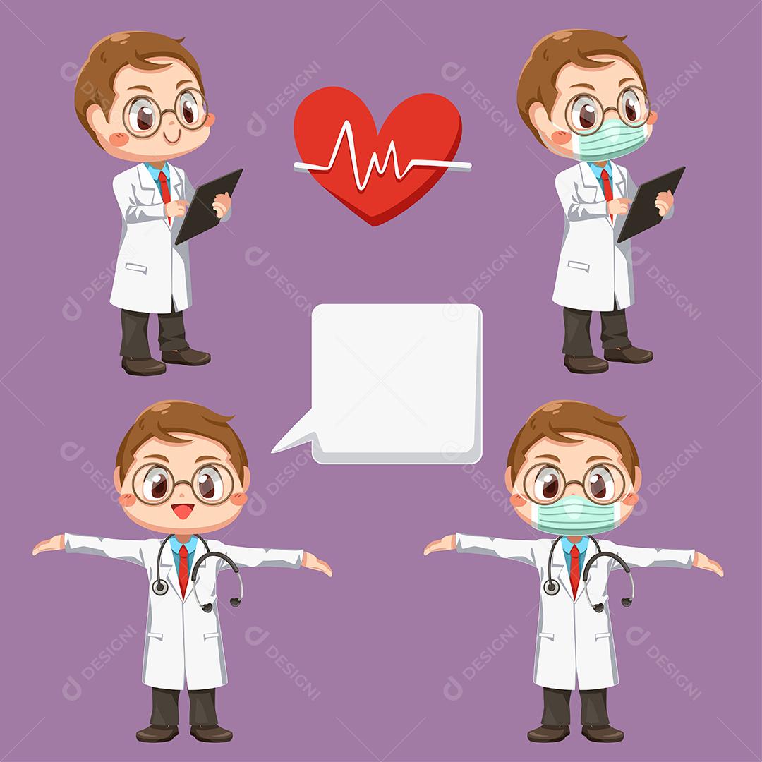 Conjunto de médico com estetoscópio e onda cardíaca em personagem de desenho animado, ilustração vetorial plana isolada