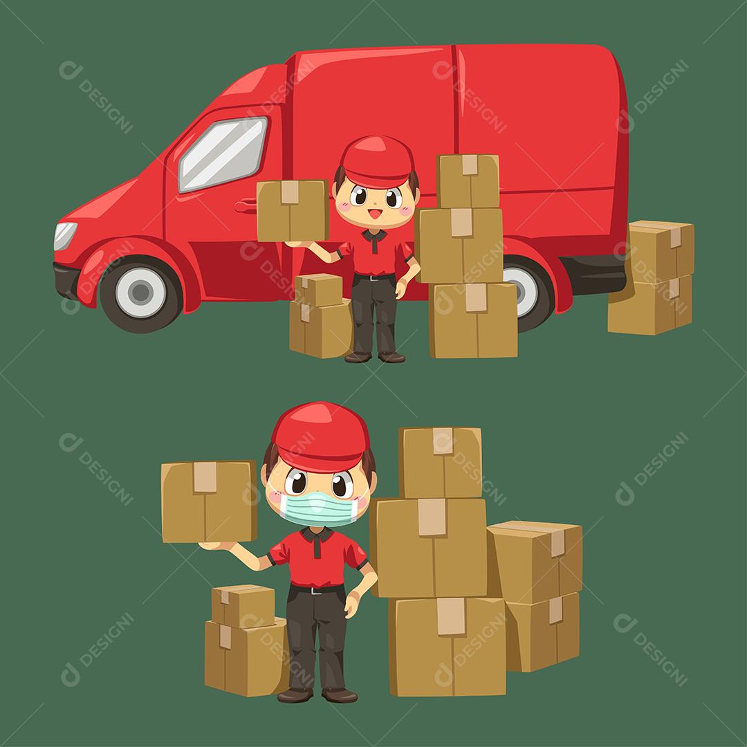 Entregador vestindo uniforme e boné com caixa de encomendas usa motocicleta e van para enviar ao cliente em personagem de desenho animado, ilustração vetorial plana isolada