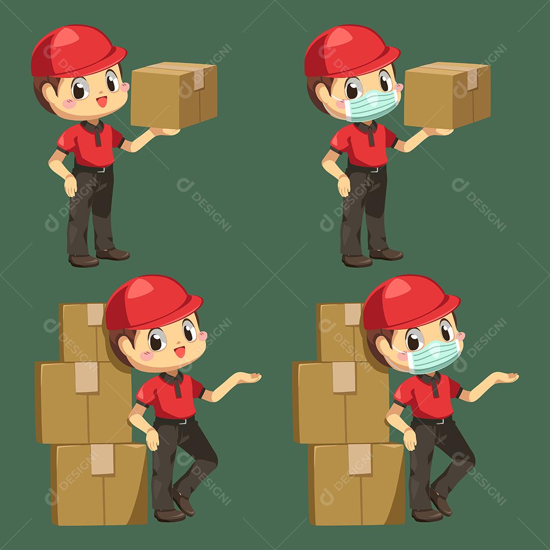 Entregador vestindo uniforme e boné com pilha de caixa de encomendas em personagem de desenho animado, ilustração vetorial plana isolada