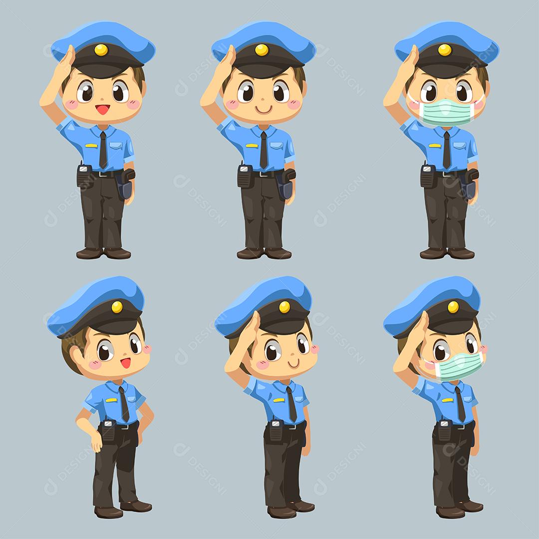 Conjunto de homem com uniforme policial com atuação diferente em personagem de desenho animado, ilustração vetorial plana isolada
