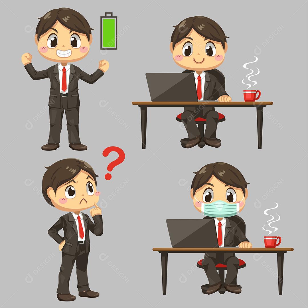 Sorriso de empresário e um homem usando uma máscara protetora com energia total trabalhando em ilustração vetorial plana de personagem de desenho animado em fundo branco