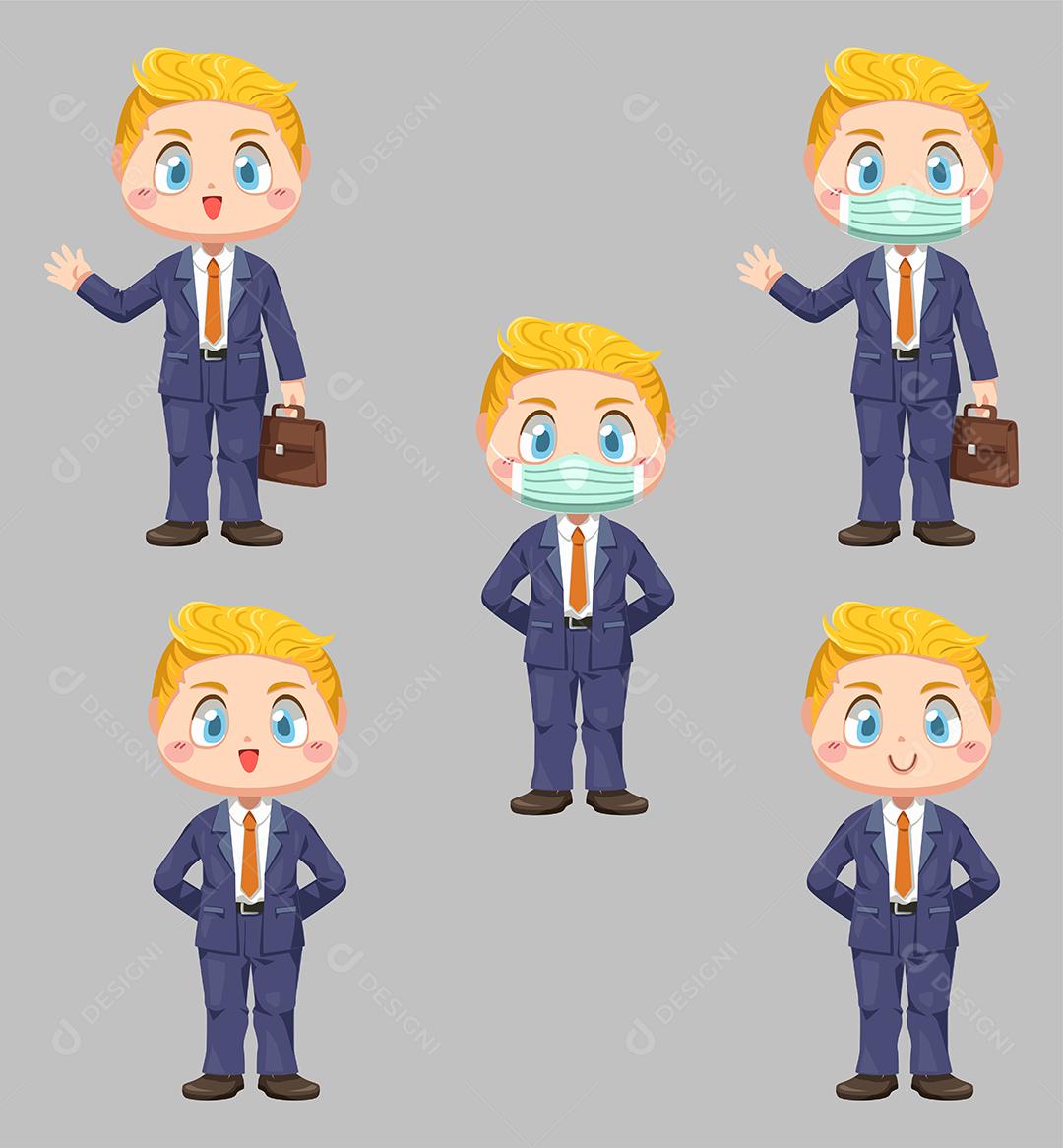 Empresário e máscara de proteção segurando maleta em sentimento de diferença no rosto na ilustração vetorial plana de personagem de desenho animado em fundo branco