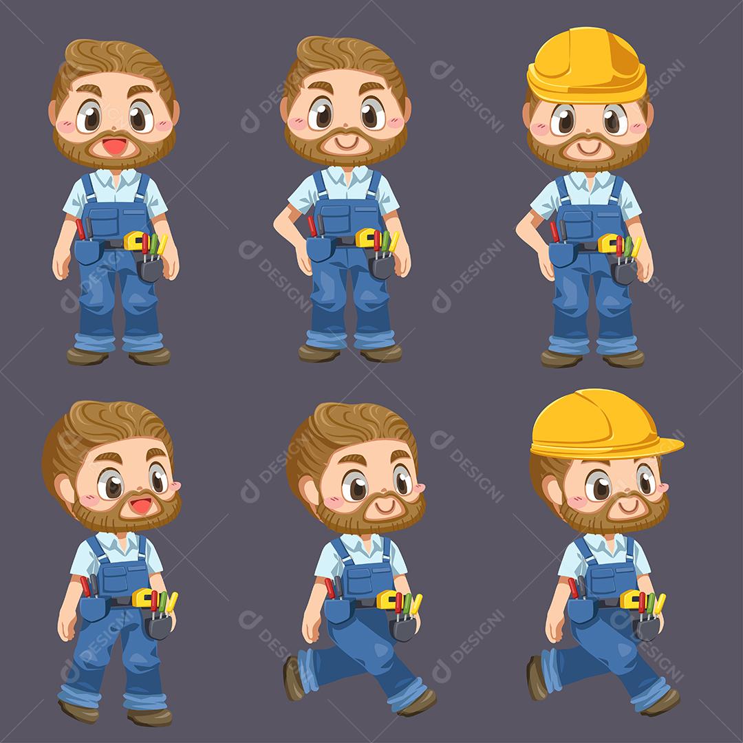 Homem trabalhador usando uniforme e ferramentas de equipamento de capacete em personagem de desenho animado pockage, ilustração vetorial plana isolada
