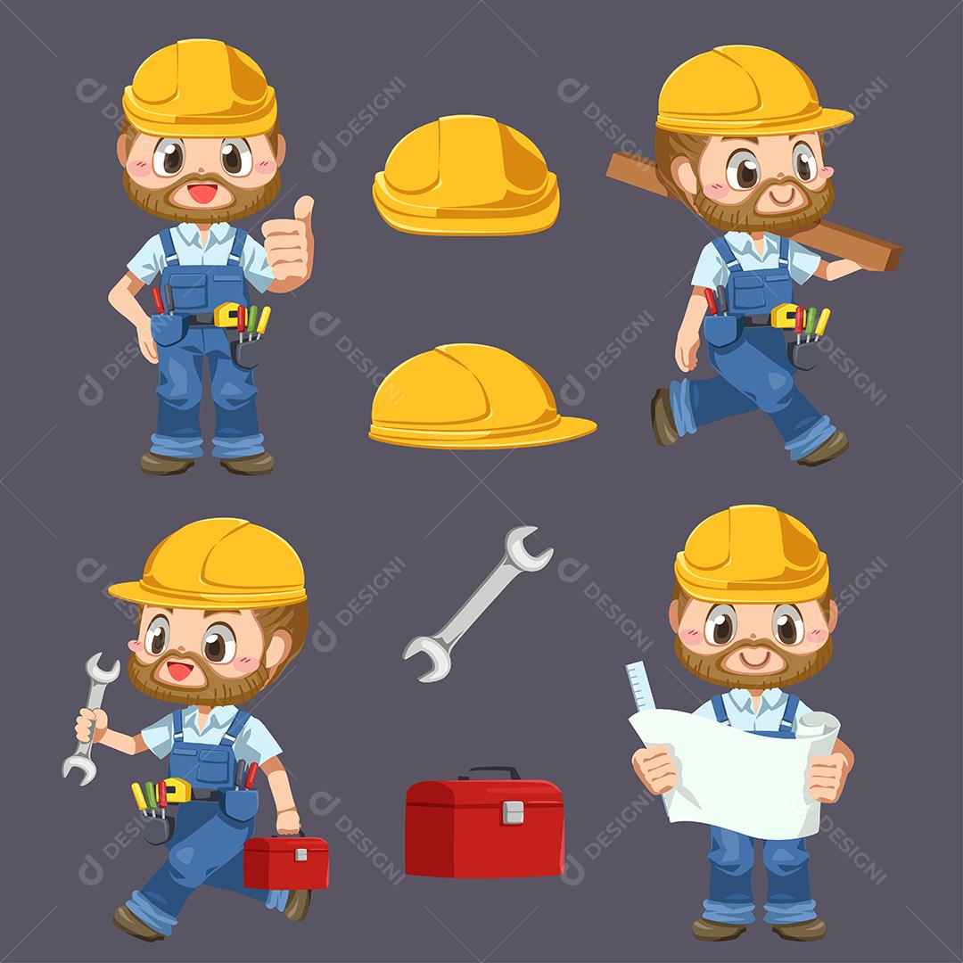 Homem trabalhador usando uniforme e ferramentas de equipamento de capacete em personagem de desenho animado pockage, ilustração vetorial plana isolada