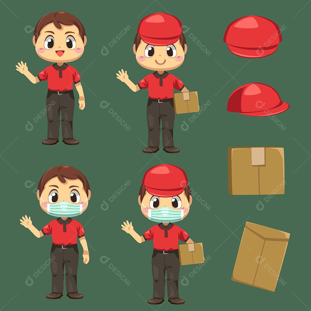 Entregador vestindo uniforme e boné com caixa de encomendas e envelope em personagem de desenho animado, ilustração vetorial plana isolada