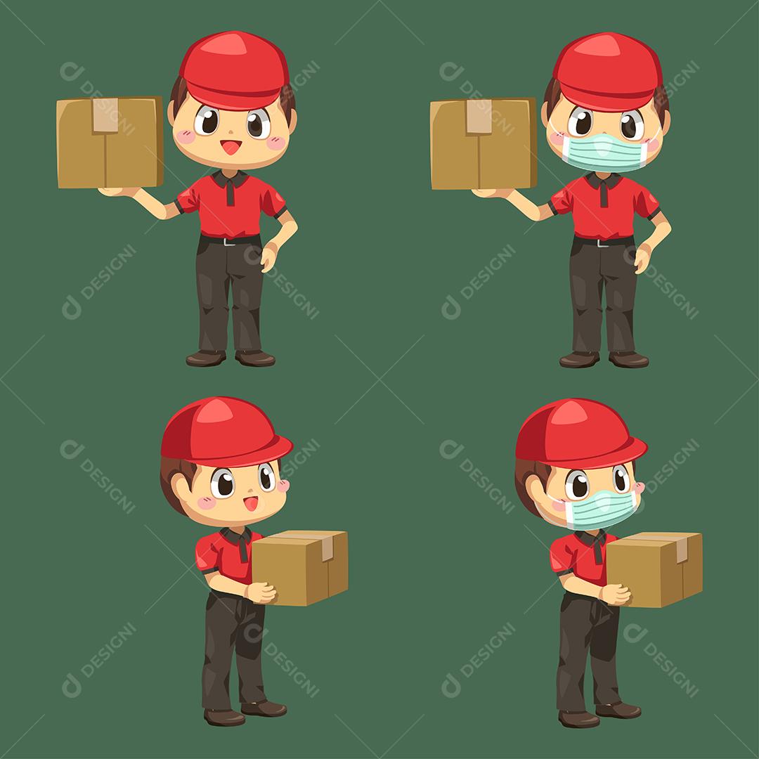 Entregador vestindo uniforme e boné com caixa de encomendas e envelope em personagem de desenho animado, ilustração vetorial plana isolada