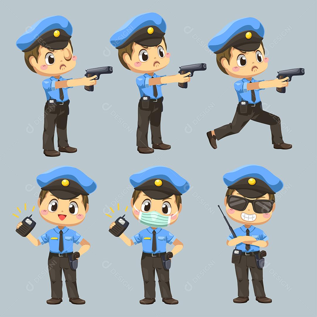 Conjunto de homem com uniforme policial com atuação diferente em personagem de desenho animado, ilustração vetorial plana isolada