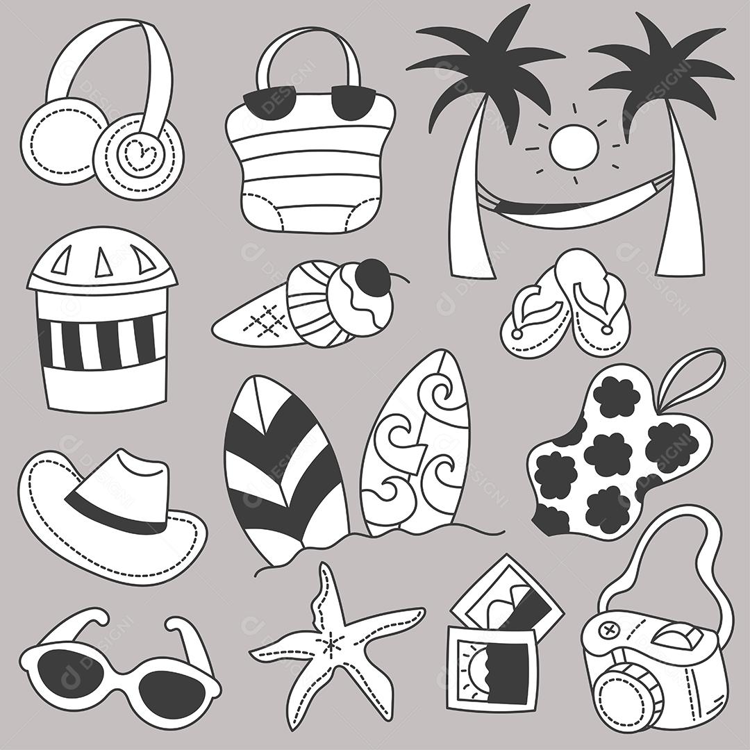 Conjunto de pacotes de viagens nas férias de verão com esboço de desenho à mão de itens de desenho animado, ilustração vetorial plana em fundo cinza